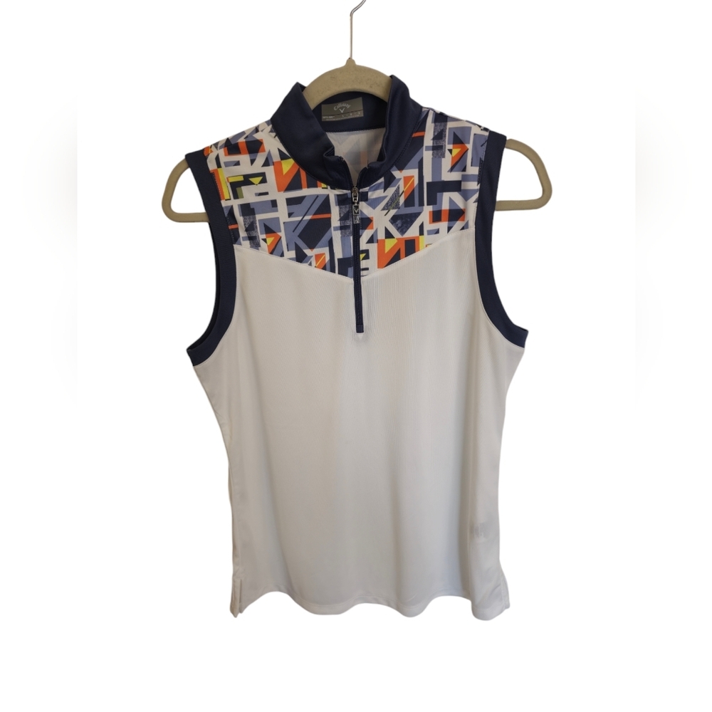 NWT Callaway Women's Sleeveless Golf Top Opti Dri White Blue Gray Trim SZ Large